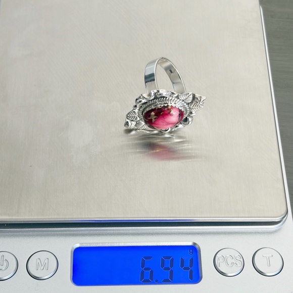 Rose Red Dahlia Turquoise Navajo Style Ring Size 9 Pure Sterling Silver 925 New - Picture 12 of 12